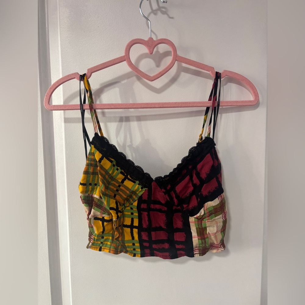 FOREVER21: Colorful Plaid Crop Top with Lace Trim